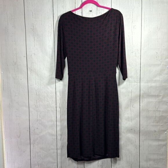 Lauren Ralph Lauren Knot Ruffle Ruched Black Burgundy 3/4 Sleeves Midi Dress - Picture 13 of 15